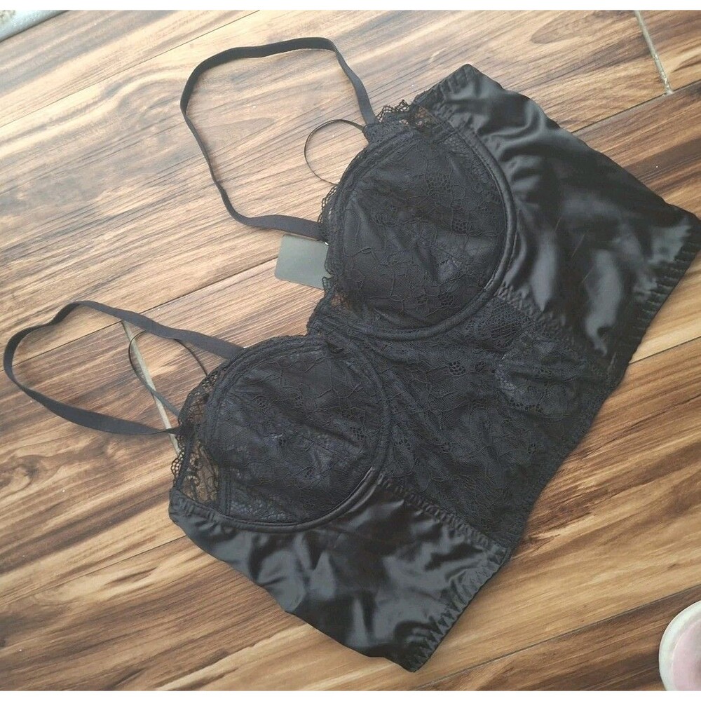 Satin Lace Corset Bra Top Hunter & Brown Large Black Sheer Dark Romantic Coquett